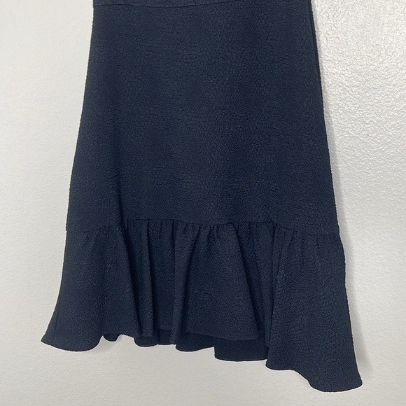 REBECCA TAYLOR Dress Size 4 Textured Stretch Woven Ruffle Cut Out Back Navy - Picture 3 of 9